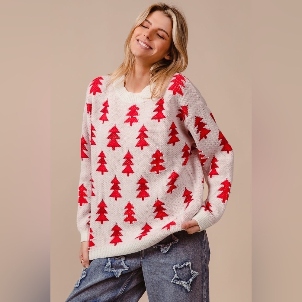 BiBi “ Pearls & Pines “ Winter Tree Holiday Sweater | Red